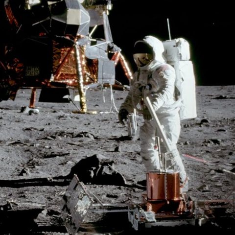 Apollo astronaut on the Moon beside the lunar module